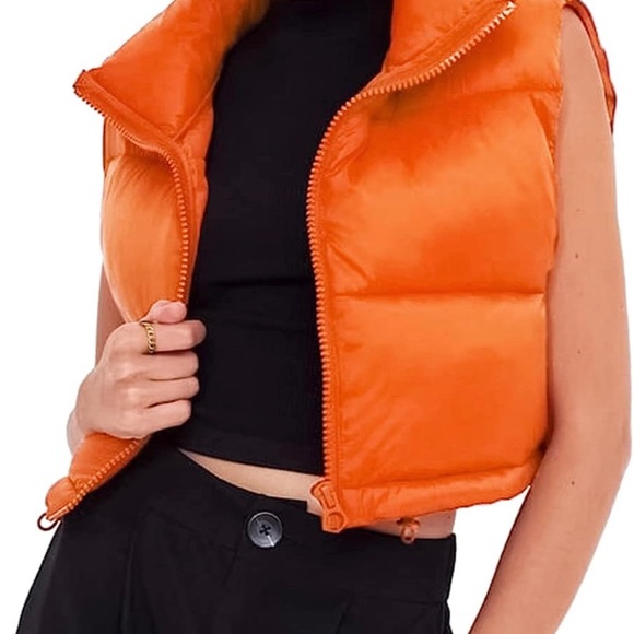 Puffer womens vest Crop Jackets Lightweight Outwear winter vest Orange - Picture 4 of 5